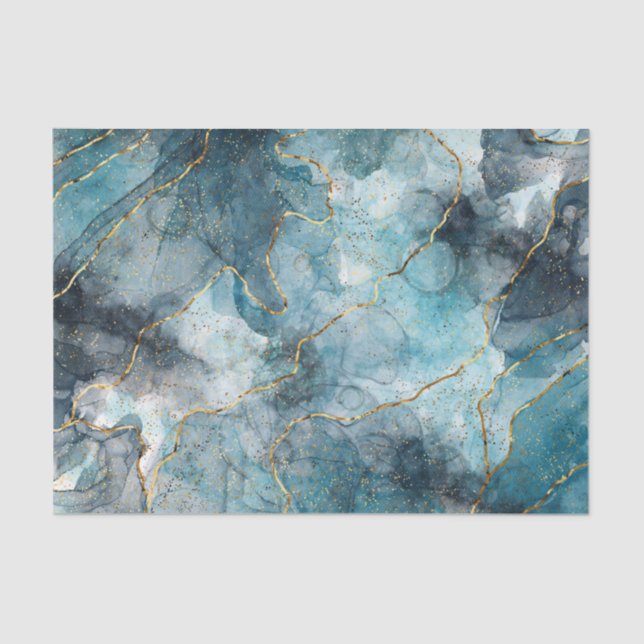 Classic Faux Marble Blue/Gold Decoupage Tissue Paper (Front)