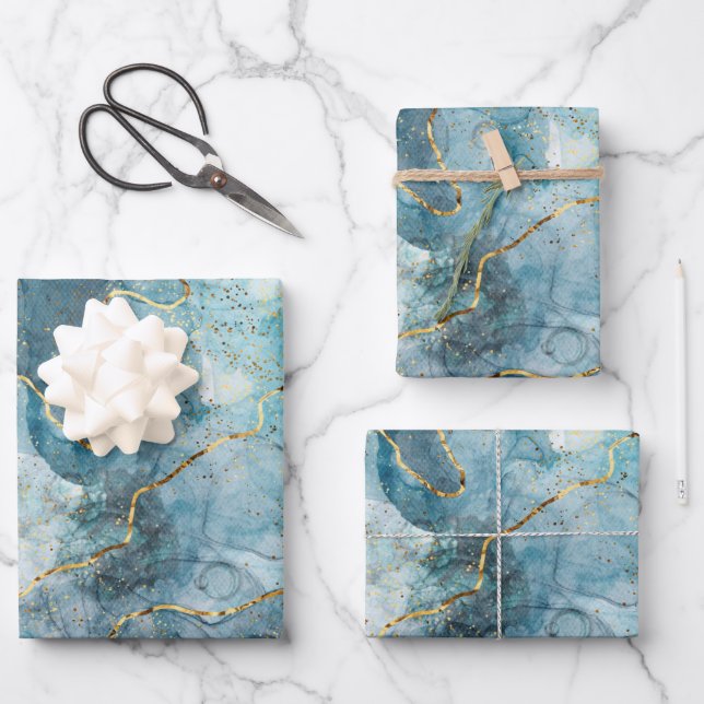 Classic Faux Marble Blue/Gold Wrapping Paper Sheet (Front)