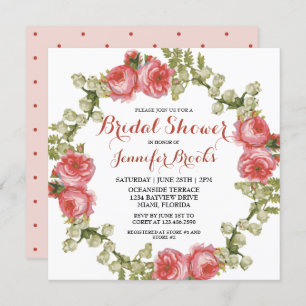 Classic Feminine Red Rose Wreath Bridal Shower Invitation