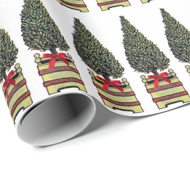 Classic Festive Christmas Tree Topiary Red Bow Wrapping Paper (Roll Corner)
