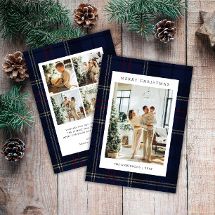 Classic Festive Navy Plaid 5 Photo Christmas Holiday Card