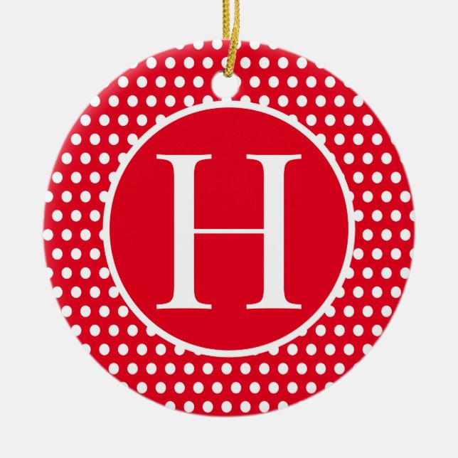 Classic Festive Red initial letter Polka Dot  Ceramic Tree Decoration (Front)