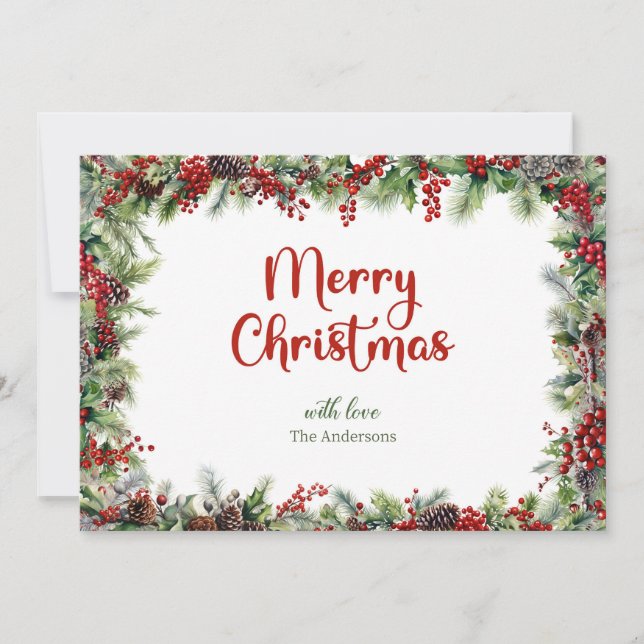 Classic festive watercolor greenery with holly holiday card (Front)