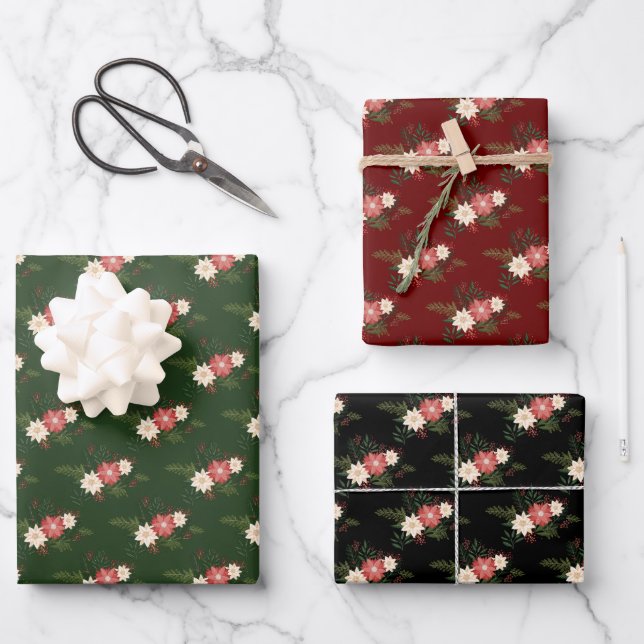 Classic Festive Winter Floral Holiday Wrapping Paper Sheet (Front)