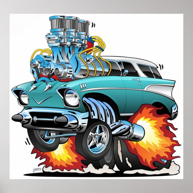 Classic Fifties Hot Rod Muscle Car Cartoon Poster (Front)