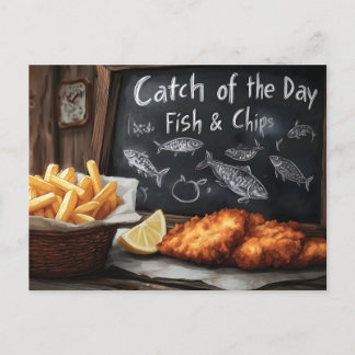 Classic Fish and Chips and Blackboard Illustration Postcard