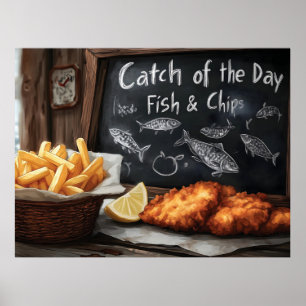 Classic Fish and Chips and Blackboard Illustration Poster