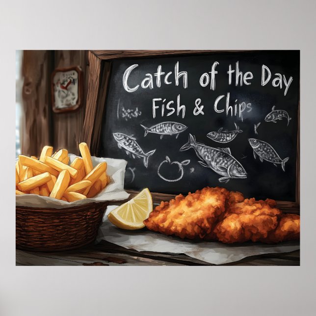 Classic Fish and Chips and Blackboard Illustration Poster (Front)