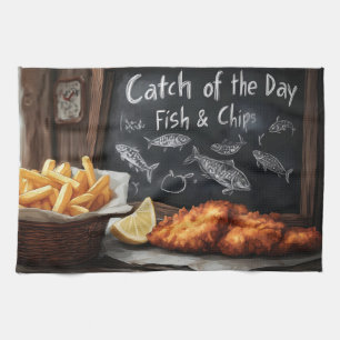 Classic Fish and Chips and Blackboard Illustration Tea Towel
