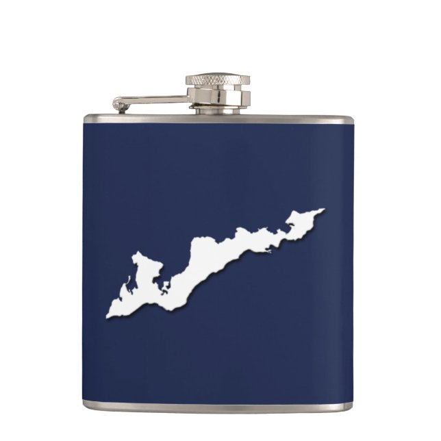 Classic Fishers Island Logo Flask – White on Navy (Front)