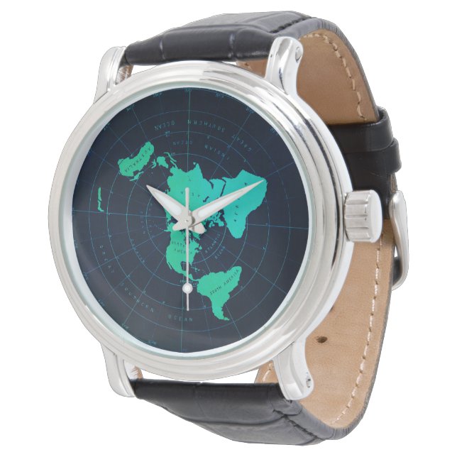 Classic Flat Earth Naval-Style Black Wristwatch (Angled)