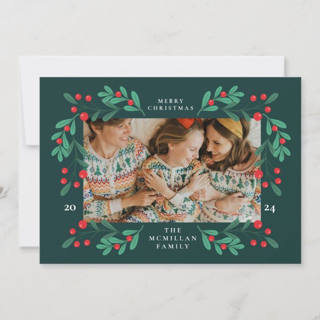Classic Floral Christmas Frame Photo Card (Front)