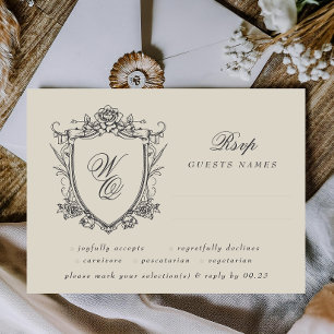Classic Floral Crest Beige Monogram Wedding RSVP Card