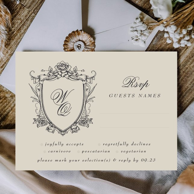 Classic Floral Crest Beige Monogram Wedding RSVP Card (Creator Uploaded)