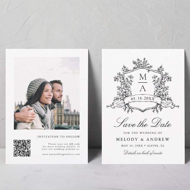 Classic Floral Crest Black & White Wedding Photo  Save The Date (Front & Back)