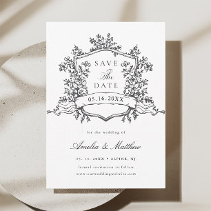 Classic Floral Crest Black & White Wedding  Save The Date
