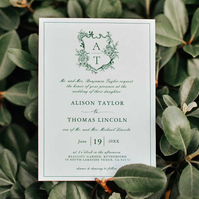 Classic Floral Crest Emerald Green Wedding Invitation (Creator Uploaded)