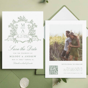 Classic Floral Crest Sage Green Wedding Photo Save The Date