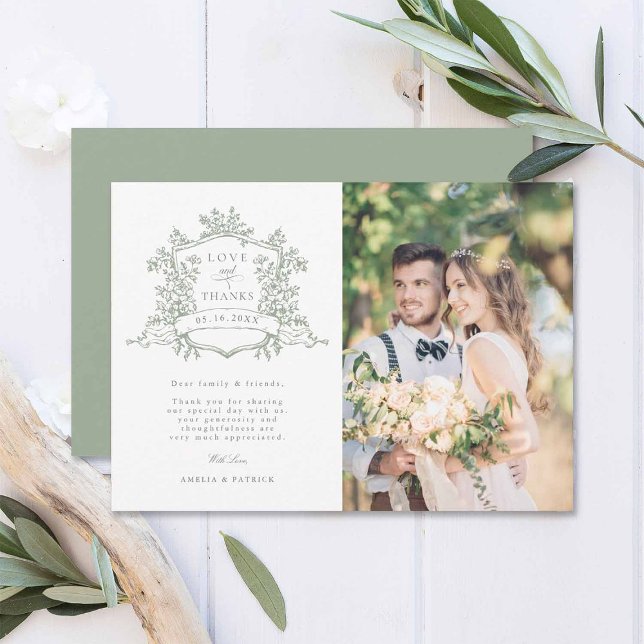Classic Floral Crest Sage Green Wedding Photo  Thank You Card (Creator Uploaded)