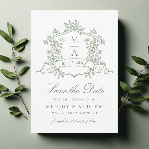 Classic Floral Crest Sage Green Wedding Save The Date