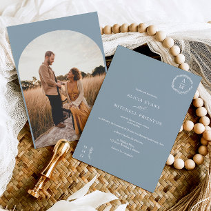 Classic floral dusty blue monogram wedding arch invitation