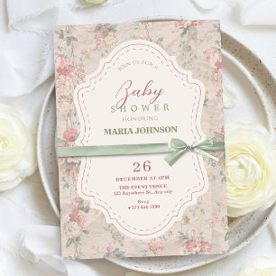 Classic floral feminine vintage bow baby shower invitation