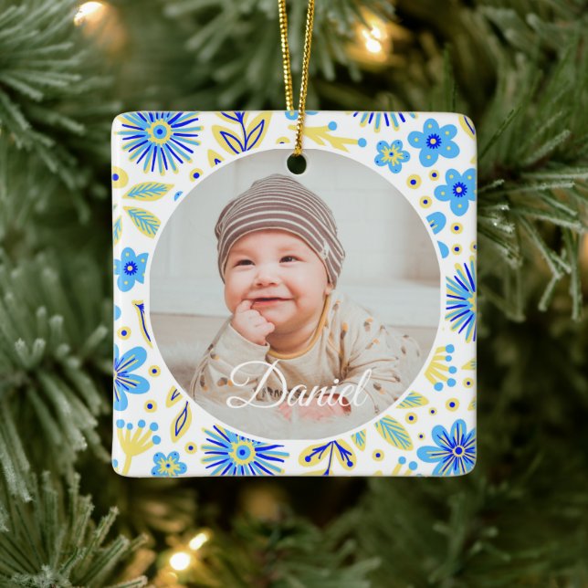 Classic Floral Frame Baby's First Christmas Ceramic Ornament (Tree)
