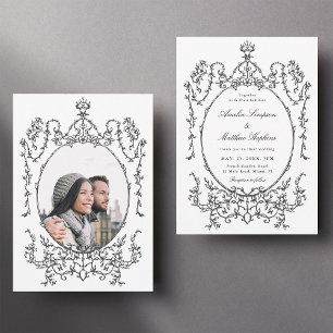Classic Floral Frame Black & White Wedding Photo Invitation