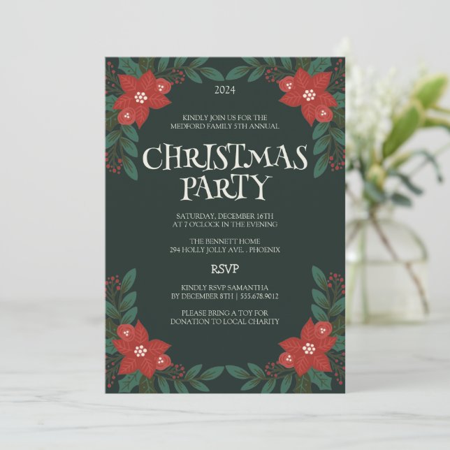 "Classic Floral Frame Christmas Party Invitation  (Standing Front)