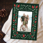 Classic Floral Frame Christmas Photo | Green Holiday Card<br><div class="desc">This gorgeous holiday photo card conjures up all the cosy Christmas feelings, boasting a hand drawn floral frame in traditional Christmas colours of deep green, red, and ivory over a custom colour background (shown in dark green). The back of the card contains more text templates for a personalised message, and...</div>