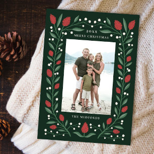 Classic Floral Frame Christmas Photo Green Holiday Card