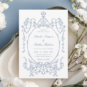 Classic Floral Frame Dusty Blue Wedding Invitation