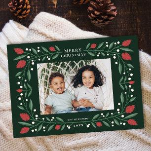 Classic Floral Frame Horizontal Christmas Photo Holiday Card
