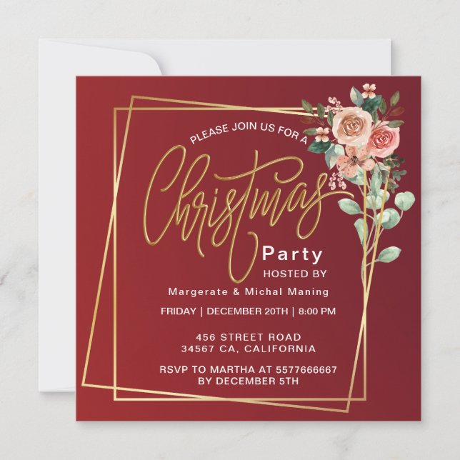 Classic Floral Frame Red Christmas  Invitation (Front)