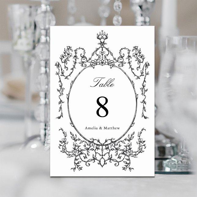 Classic Floral Garden Frame Black & White Wedding Table Number (Creator Uploaded)
