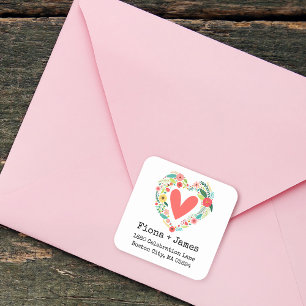 Classic Floral Heart Wreath Return Address Square Sticker