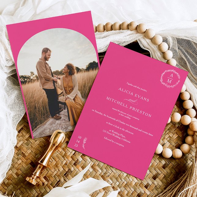 Classic floral magenta monogram wedding arch invitation (Creator Uploaded)