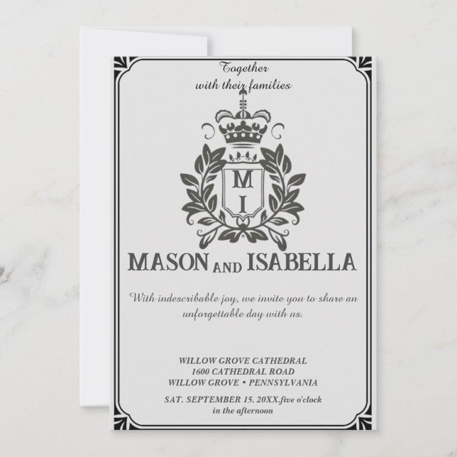 Classic Floral Monogram Crest Wedding Invitation. Invitation (Front)