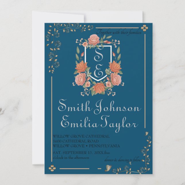 Classic Floral Monogram Crest Wedding Invitation. Invitation (Front)