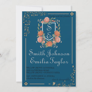 Classic Floral Monogram Crest Wedding Invitation. Invitation