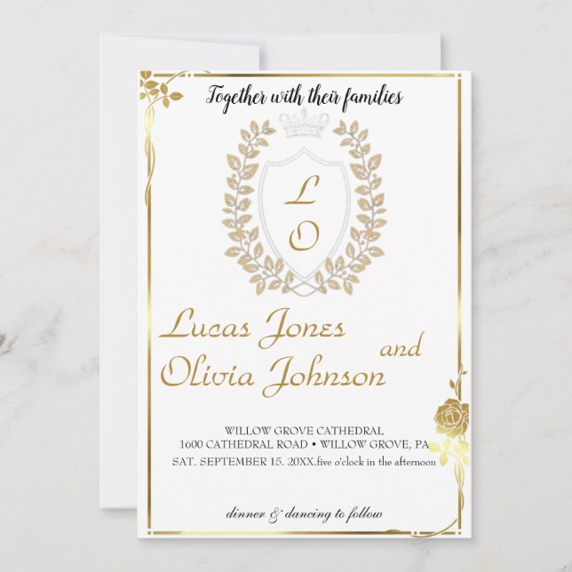 Classic Floral Monogram Crest Wedding Invitation. Invitation (Front)
