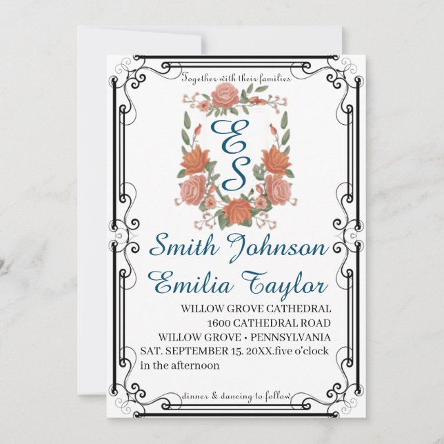Classic Floral Monogram Crest Wedding Invitation. Invitation (Front)