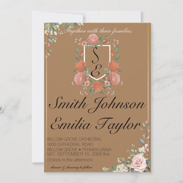 Classic Floral Monogram Crest Wedding Invitation. Invitation (Front)