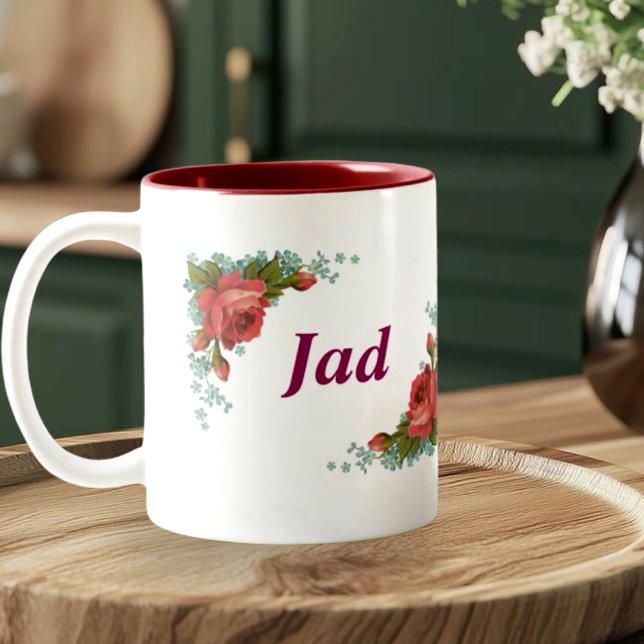 Classic Floral Monogram Letter J & Jad Name Person Two-Tone Coffee Mug (Creator Uploaded)