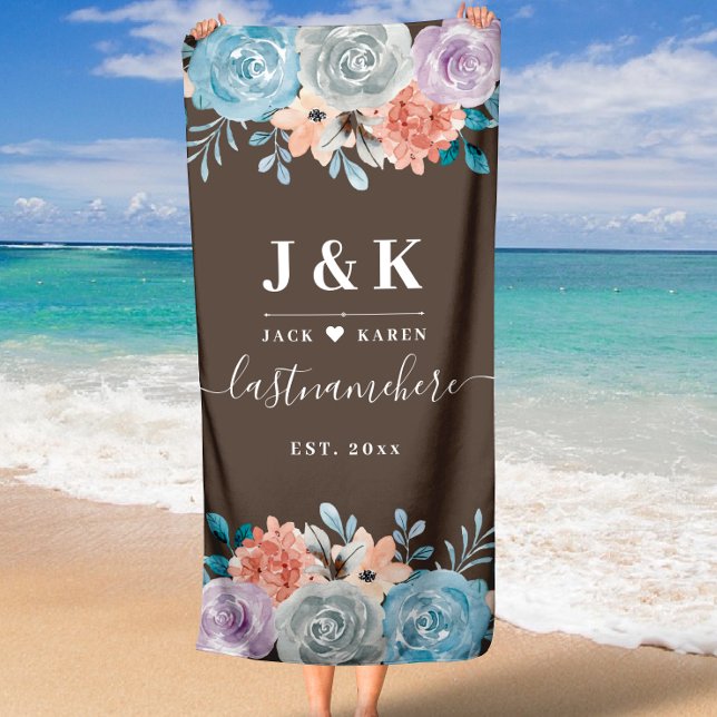 Classic Floral Monogram Wedding  Beach Towel (Classic Floral Wreath Monogram Wedding )