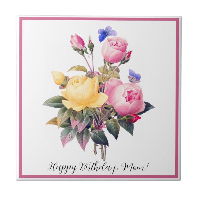 Classic Floral Pink Yellow Roses Purple Butterfly Tile (Front)