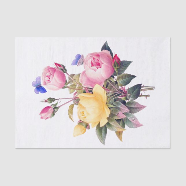 Classic Floral Pink Yellow Roses Purple Butterfly Tissue Paper (Front)