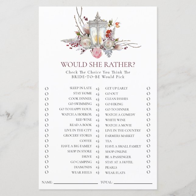 Classic Floral Roses & Lantern Bridal Shower Game (Front)