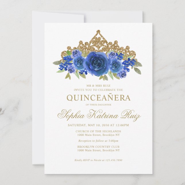 Classic Floral Royal Blue Gold Tiara Quinceañera Invitation (Front)