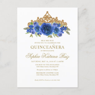 Classic Floral Royal Blue Gold Tiara Quinceañera Postcard